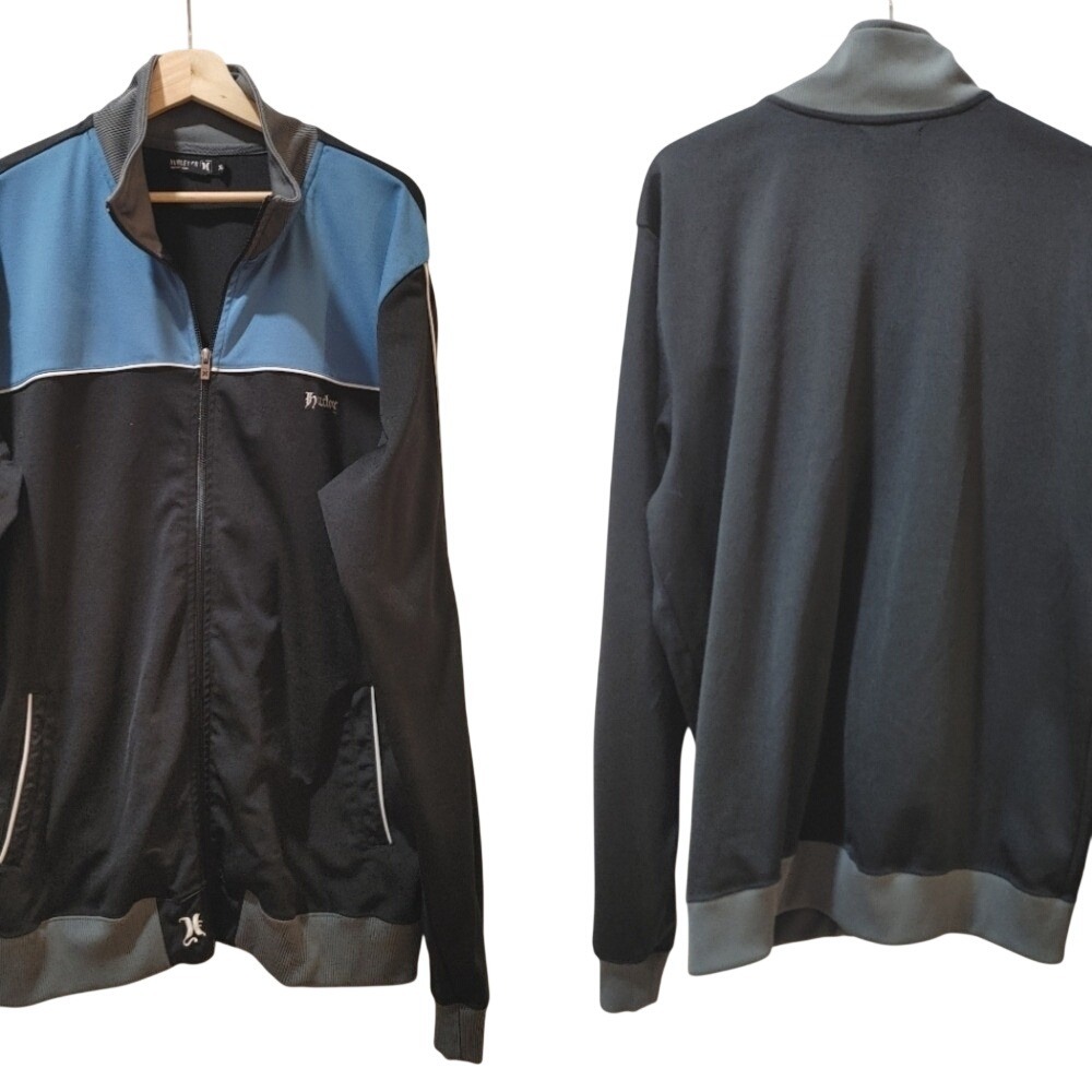 Hurley Track Jacket Full Zip Long Sleeve Embroidered Black Blue Gray‎ XL Vintage